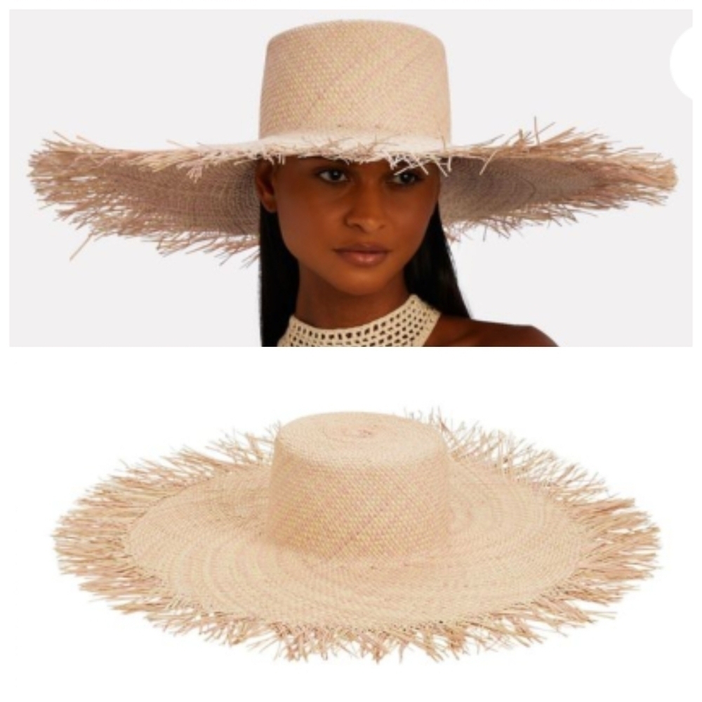 New Eugenia Kim Valentina Frayed Edge Palm Straw Adjustable Nude/Multi Sun Hat